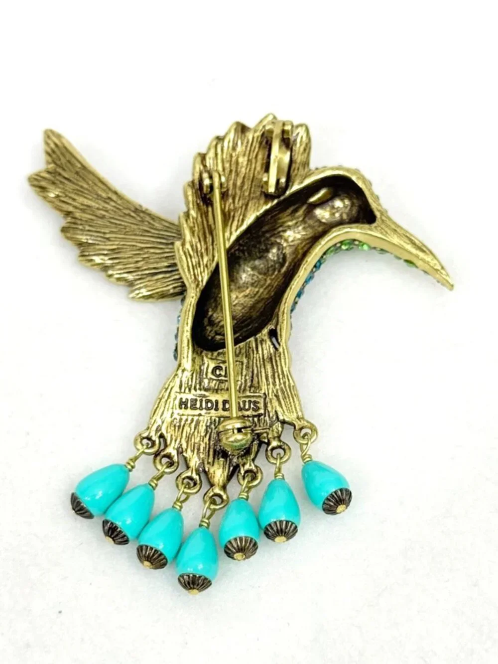 Heidi Daus Hummingbird Combo Brooch Rhinestone Embellished w/Dangling Beads
